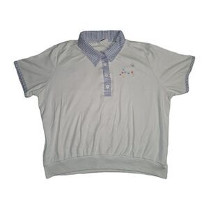 Womens Gingham XL White Blue Cottagecore Blouse Embroidered Butterflies Floral